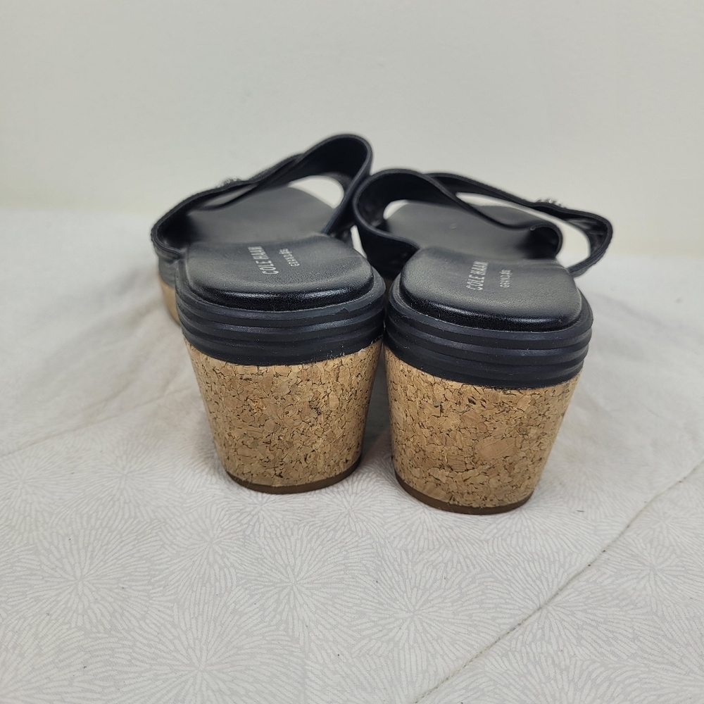 Cole Haan black leather cross design wedge sandals cork platform heel minimal 6 - Picture 8 of 12